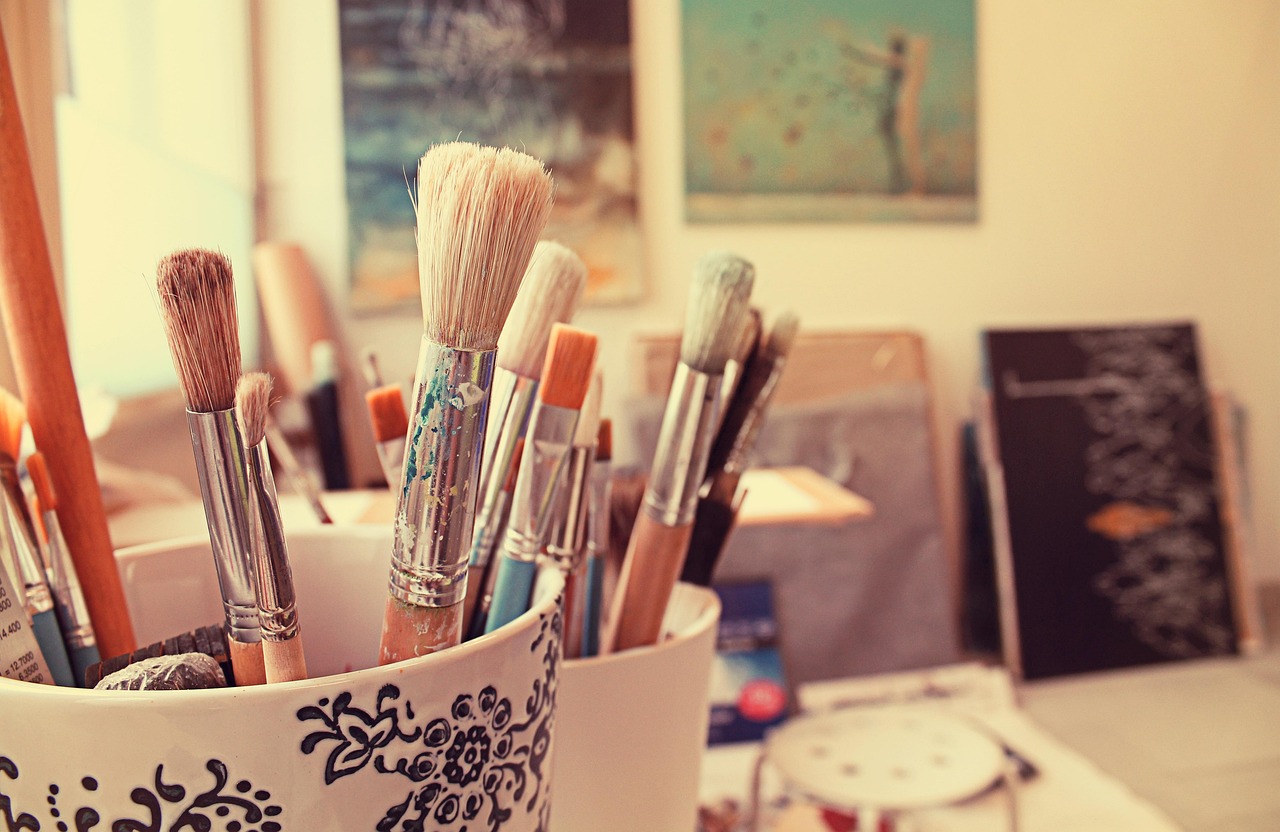 brushes, art, painting, wall, paint, studio, brush, color, work, creativity, workplace, workspace, paintings, artist